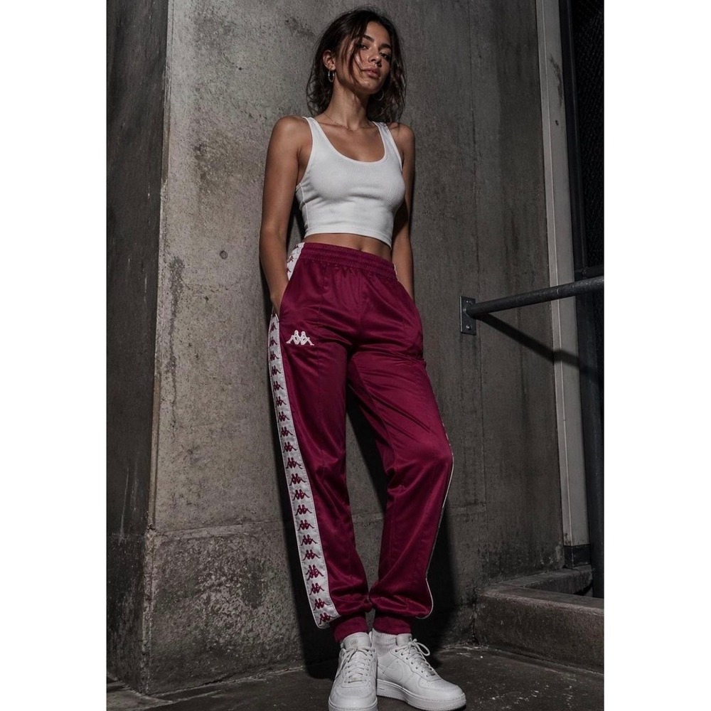 Kappa Y2K Burgundy Logo Tape Track Pants Women's M Zip Ankle Joggers Retro - Picture 10 of 16